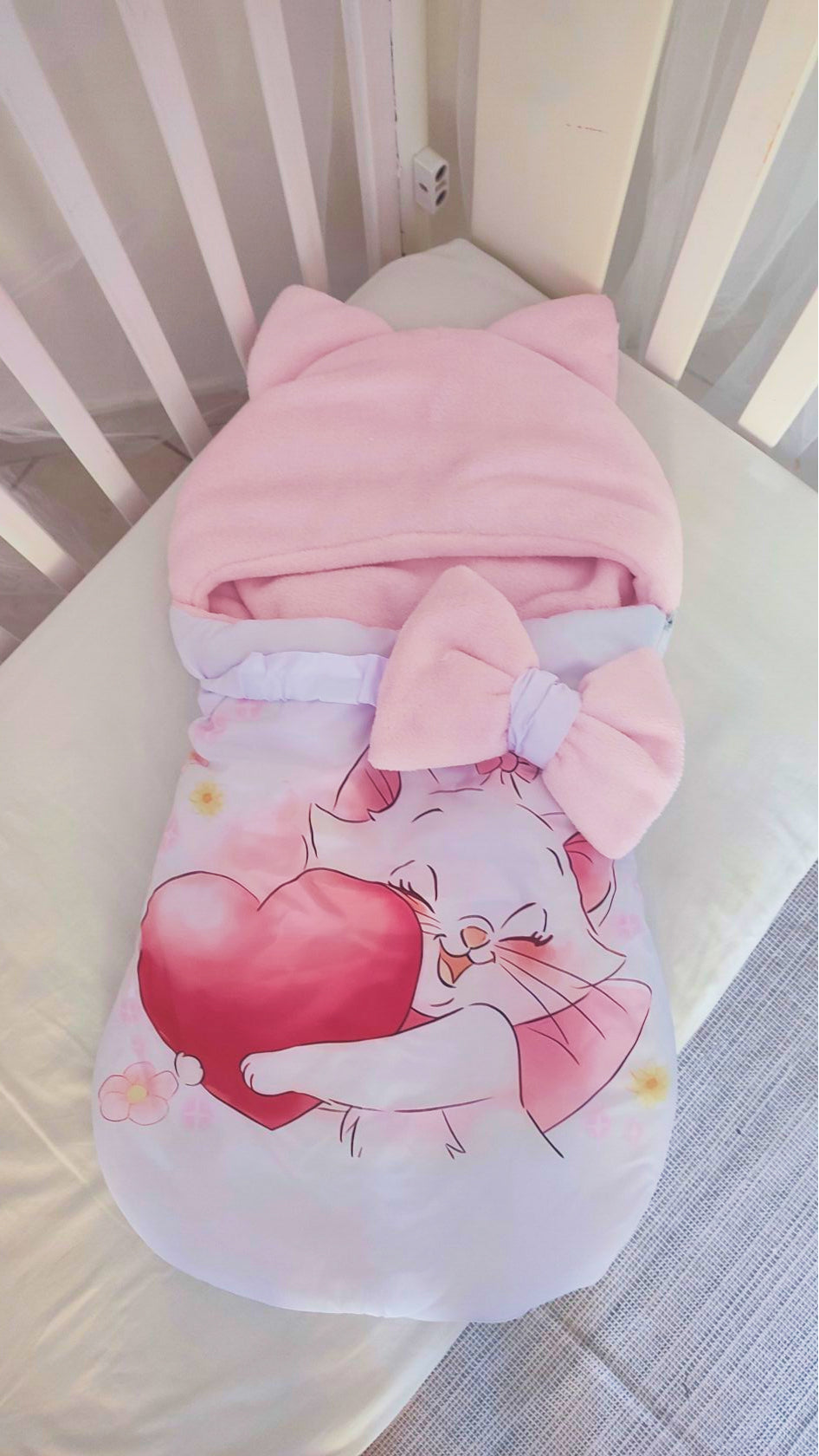 Sacco nanna neonata gattina rosa cuore impermeabile antivento, cappuccio orecchiette, compatibile passeggino ovetto lettino