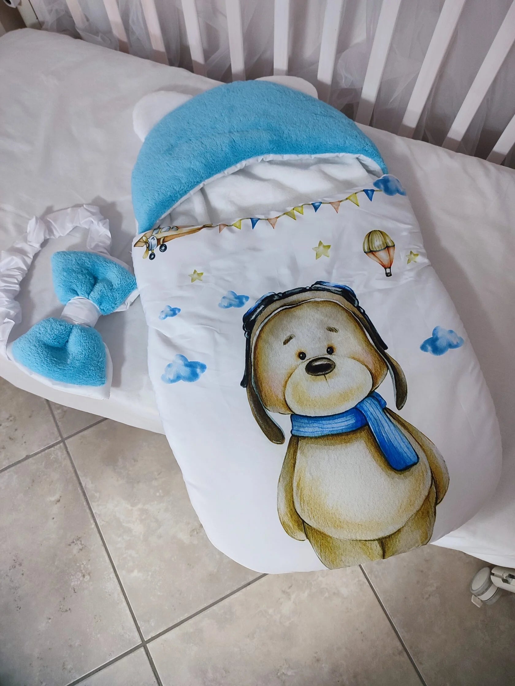 Sacco nanna neonato orsetto aviatore azzurro pile impermeabile antivento passeggino ovetto lettino cappuccio fatto a mano