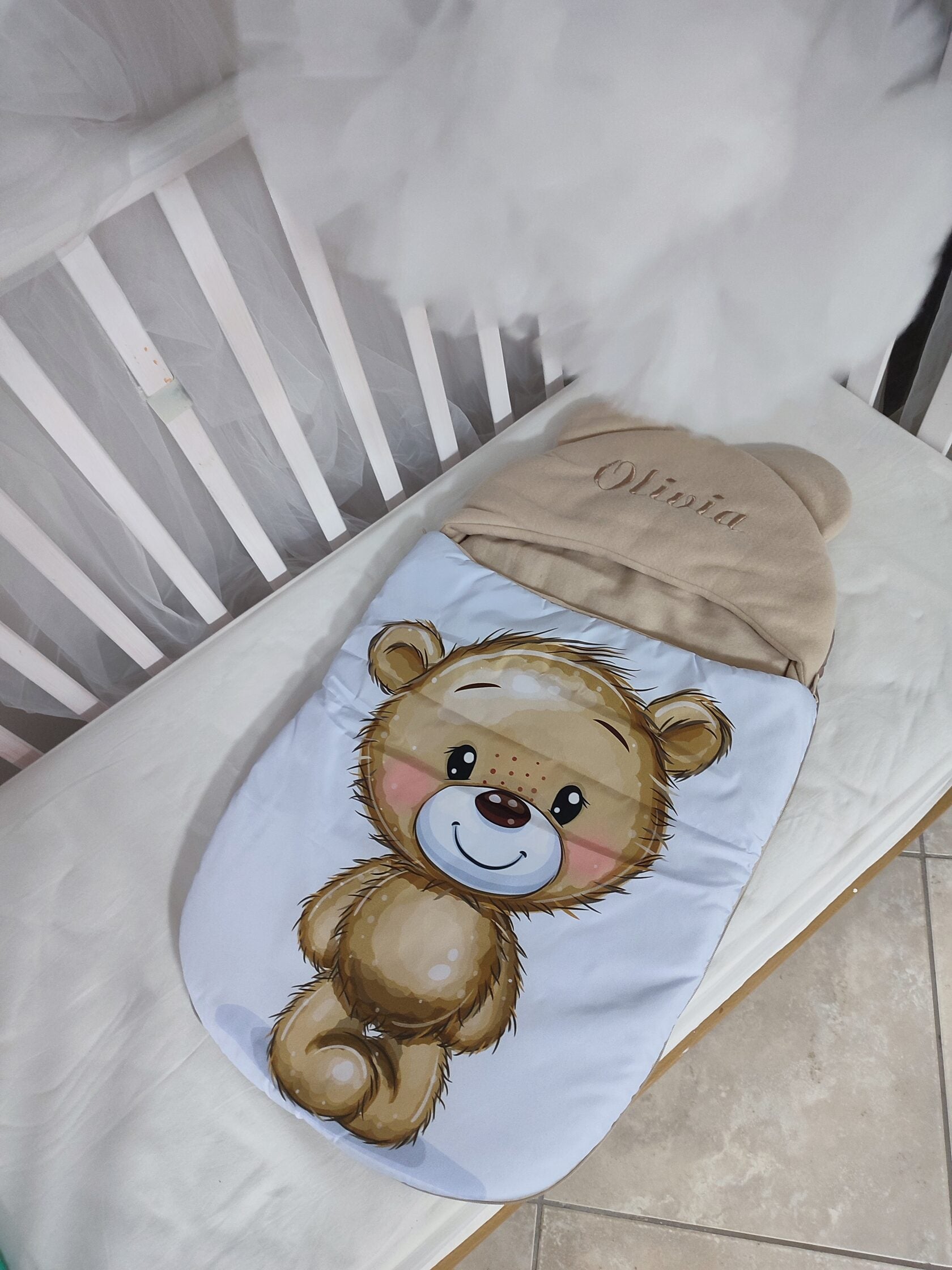 Sacco nanna neonato orsetto beige personalizzato con nome ricamato impermeabile antivento per passeggino e ovetto con doppia cerniera