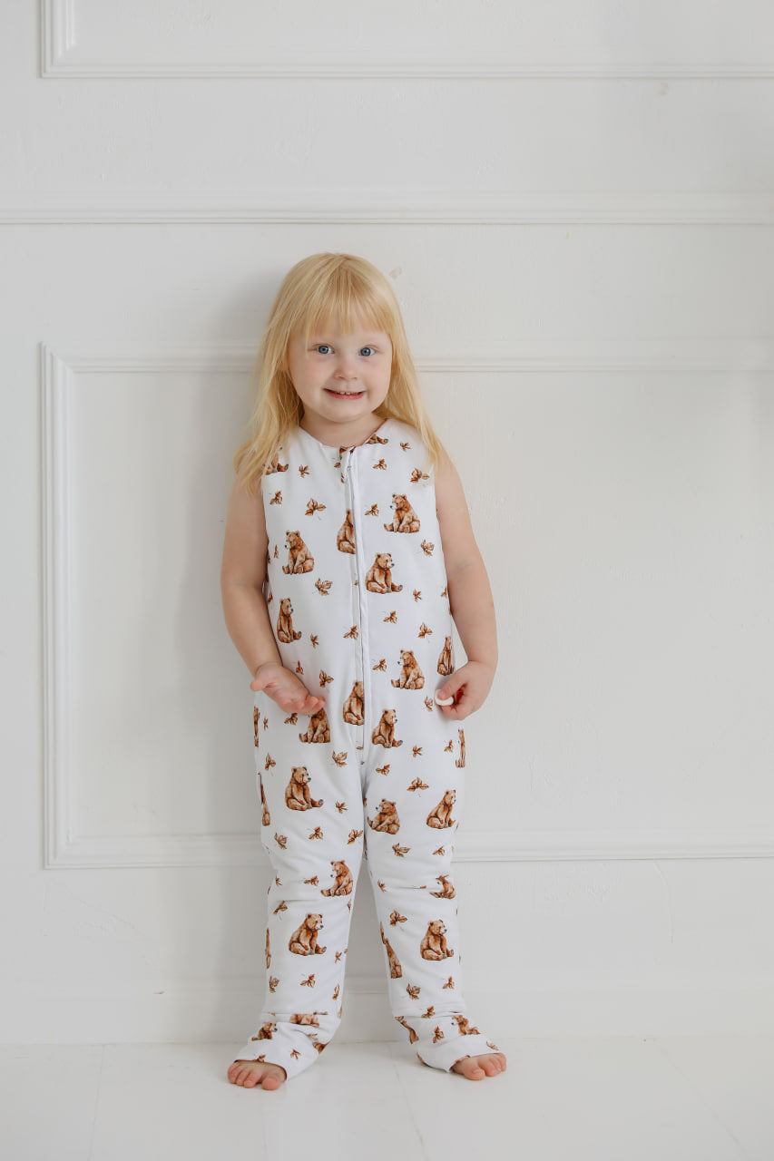 Sacco nanna con piedini in cotone bianco con stampa orsetti,