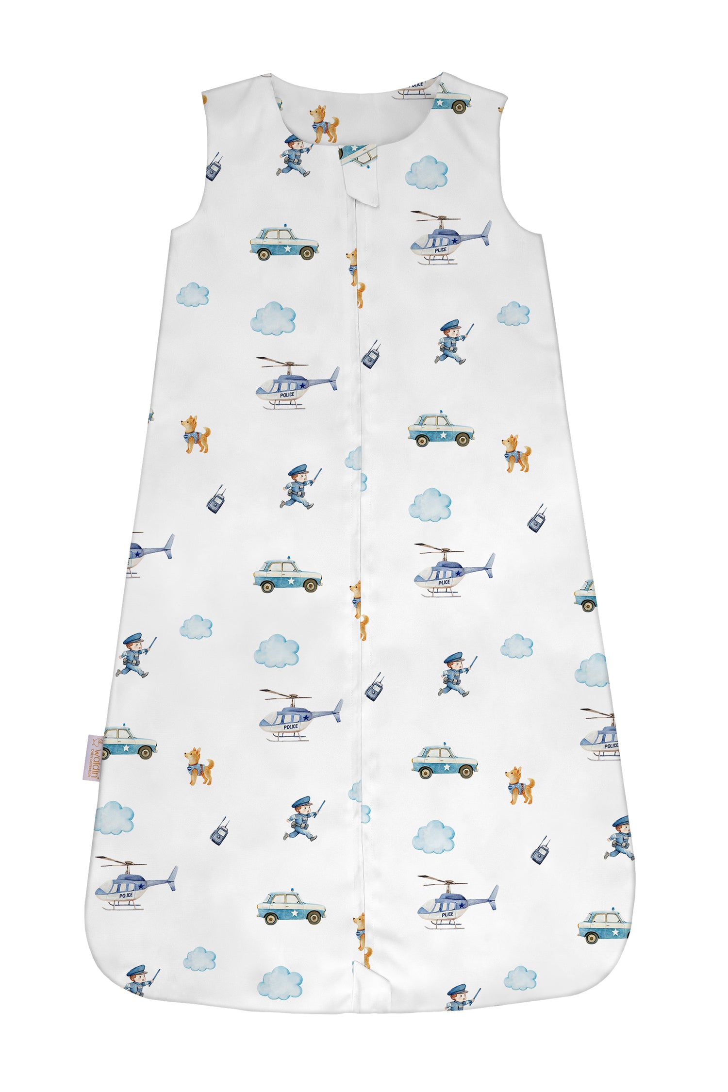 Sacco nanna estivo 0.5 tog leggero bianco fantasia police con poliziotti elicotteri e macchine, sacco sleeping fresco bambino maschio 
