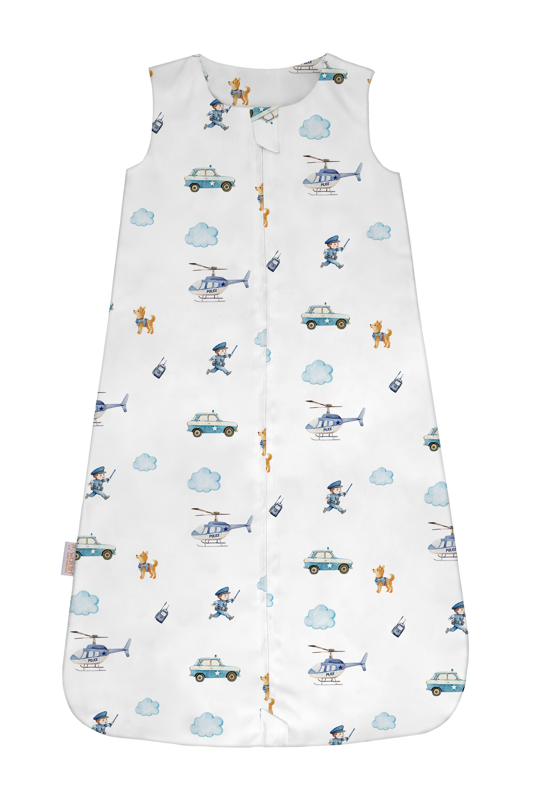Sacco nanna estivo 0.5 tog leggero bianco fantasia police con poliziotti elicotteri e macchine, sacco sleeping fresco bambino maschio 