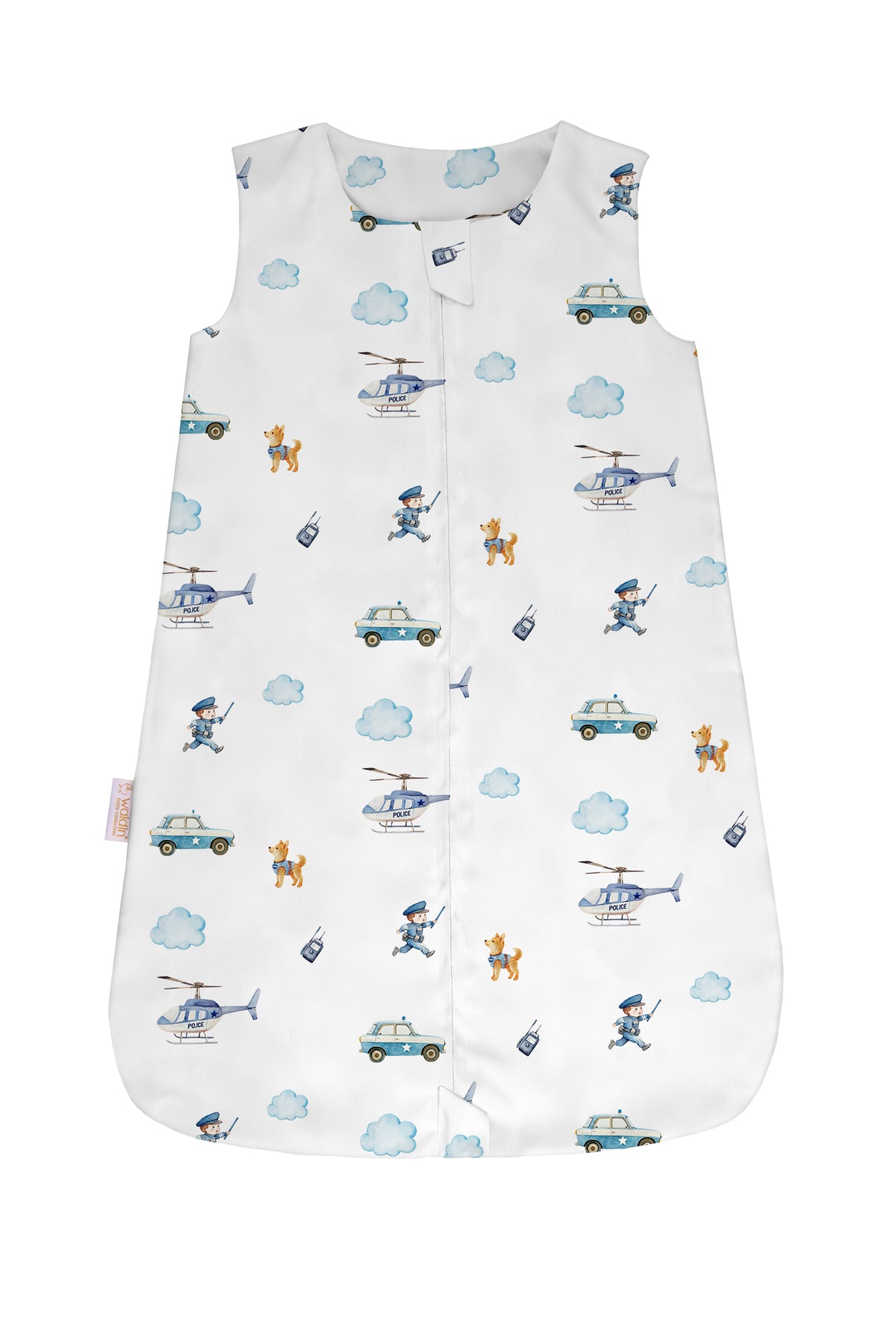 Sacco nanna estivo 0.5 tog leggero bianco fantasia police con poliziotti elicotteri e macchine, sacco sleeping fresco per neonato maschio estate