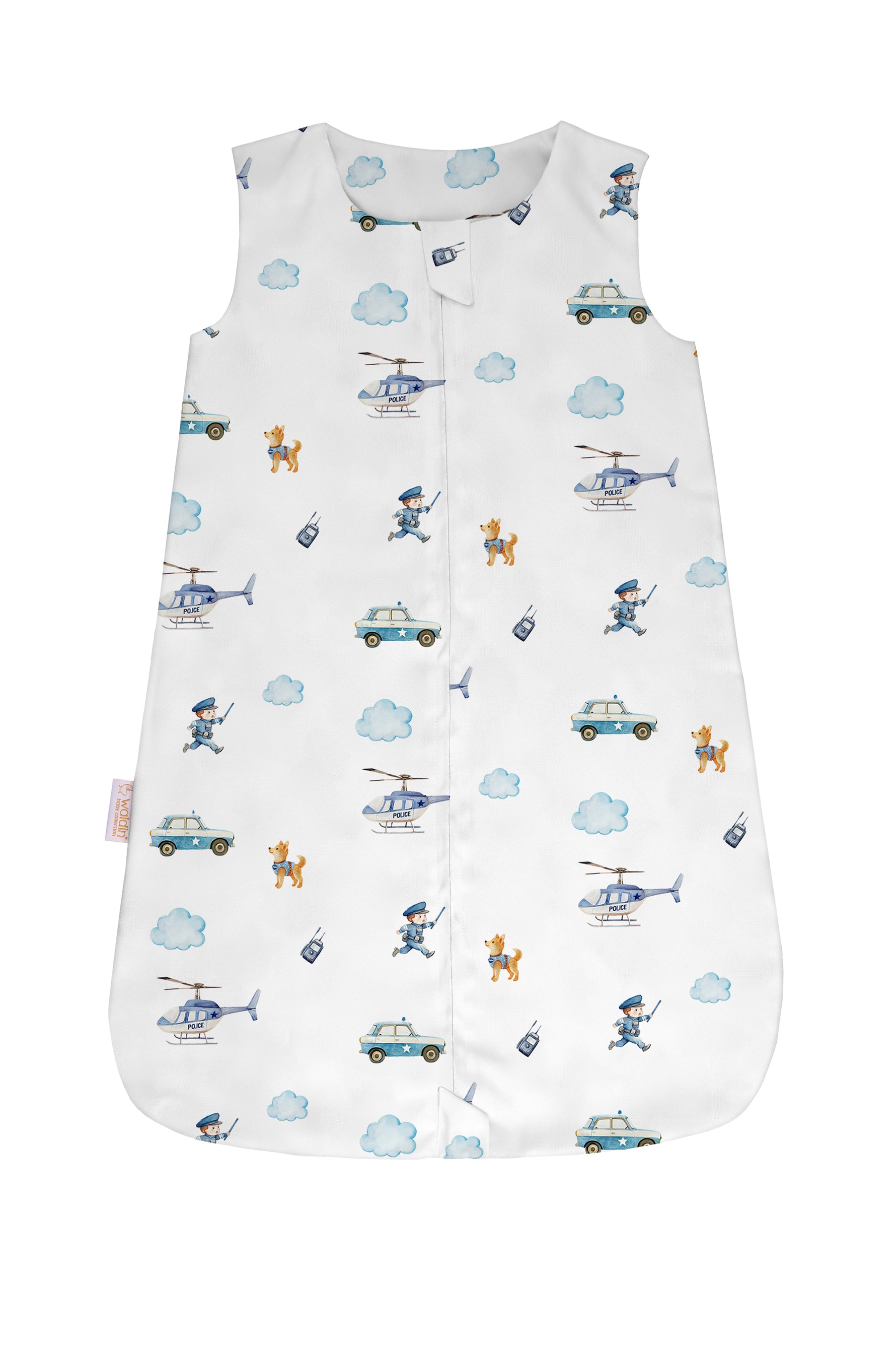Sacco nanna estivo 0.5 tog leggero bianco fantasia police con poliziotti elicotteri e macchine, sacco sleeping fresco per neonato maschio estate