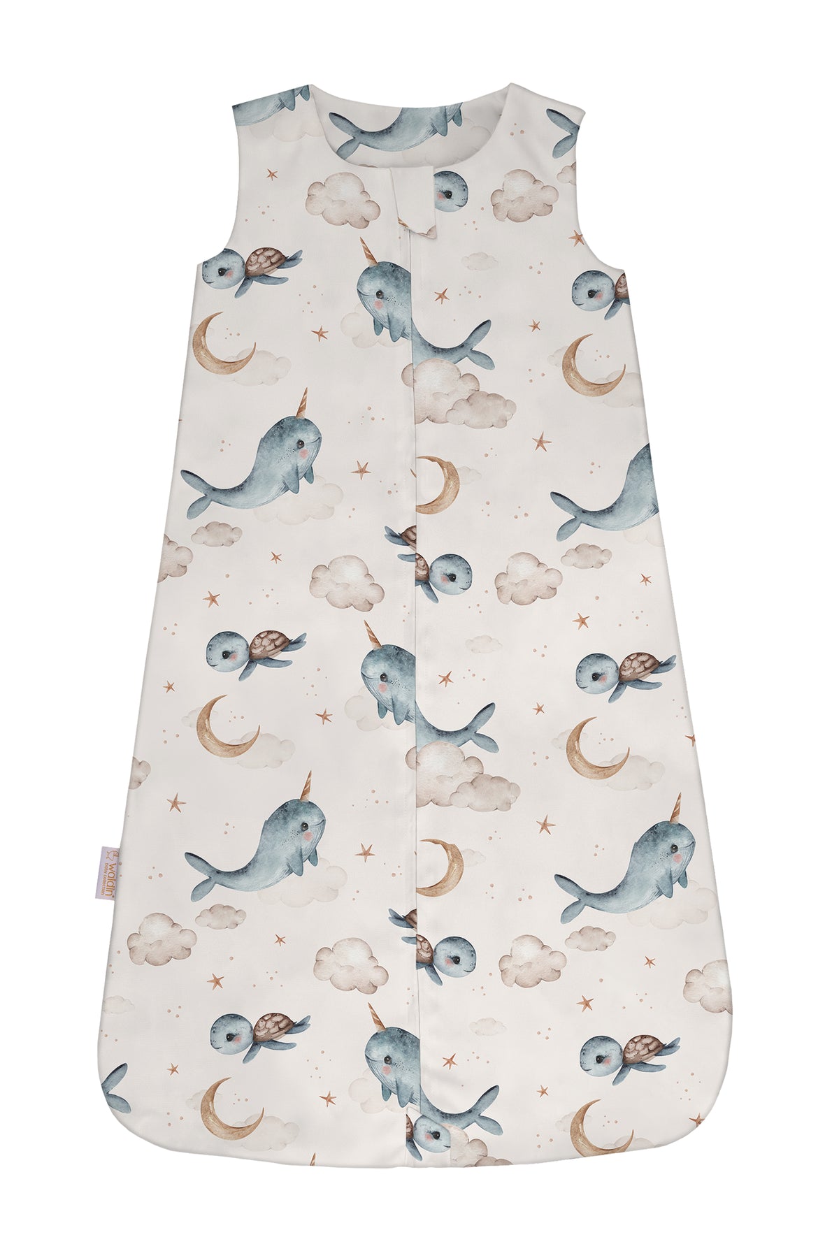 Sacco nanna estate 0.5 tog beige con stampa narvali tartarughe e stelline, sacco sogno cotone leggero bambino