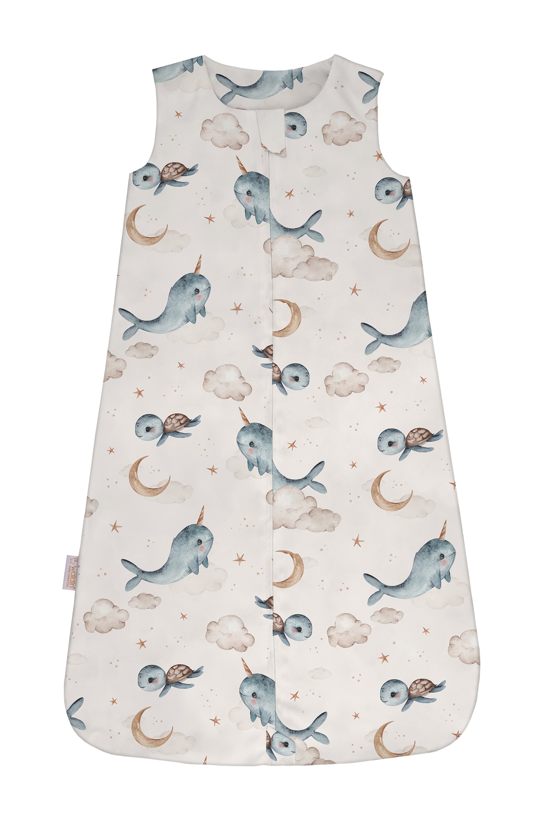 Sacco nanna estate 0.5 tog beige con stampa narvali tartarughe e stelline, sacco sogno cotone leggero bambino