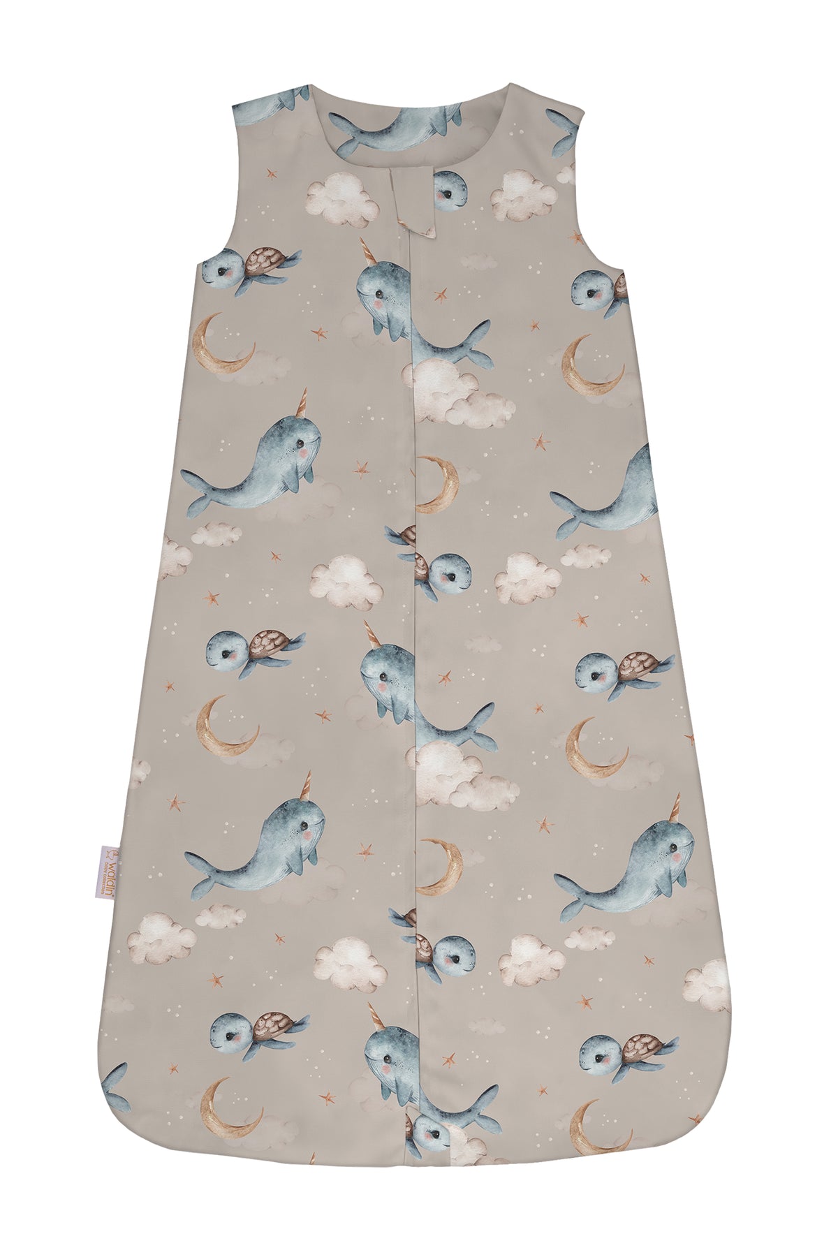 Sacco nanna estate 0.5 tog beige scuro con stampa narvali tartarughe e stelline, sacco sogno cotone leggero bambino