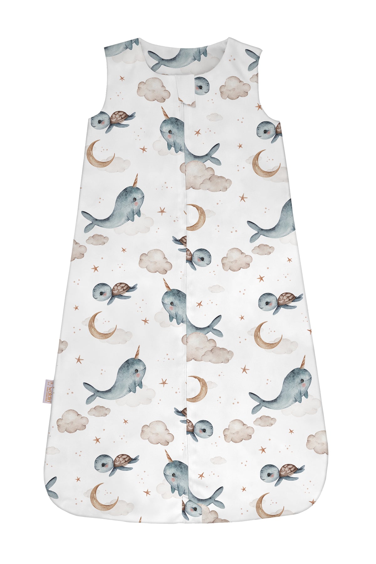 Sacco nanna estate 0.5 tog bianco con stampa narvali tartarughe e stelline, sacco sogno cotone leggero bambino