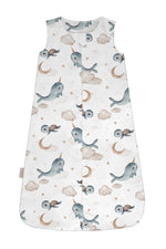 Sacco nanna estate 0.5 tog bianco con stampa narvali tartarughe e stelline, sacco sogno cotone leggero bambino