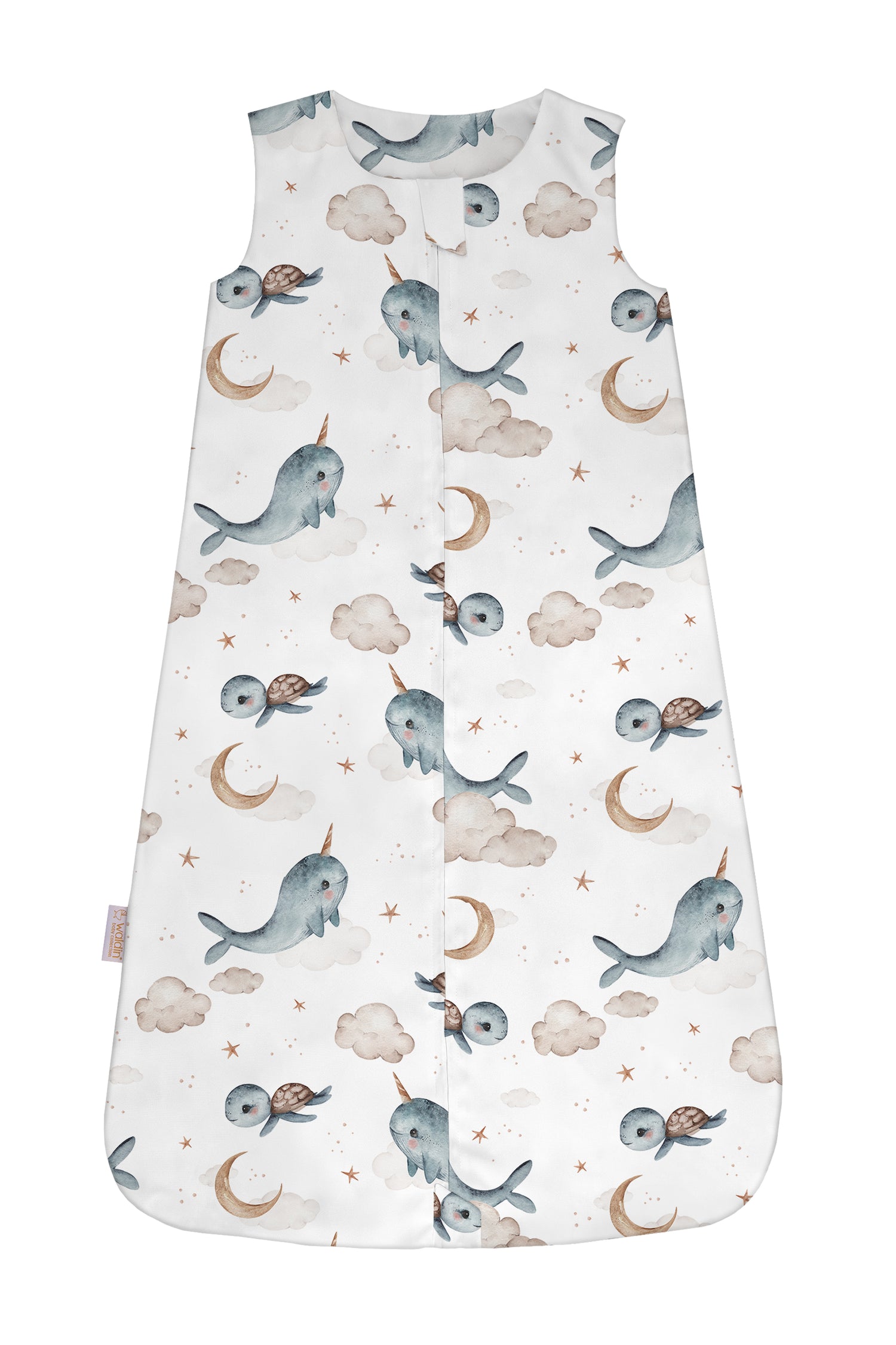 Sacco nanna estate 0.5 tog bianco con stampa narvali tartarughe e stelline, sacco sogno cotone leggero bambino