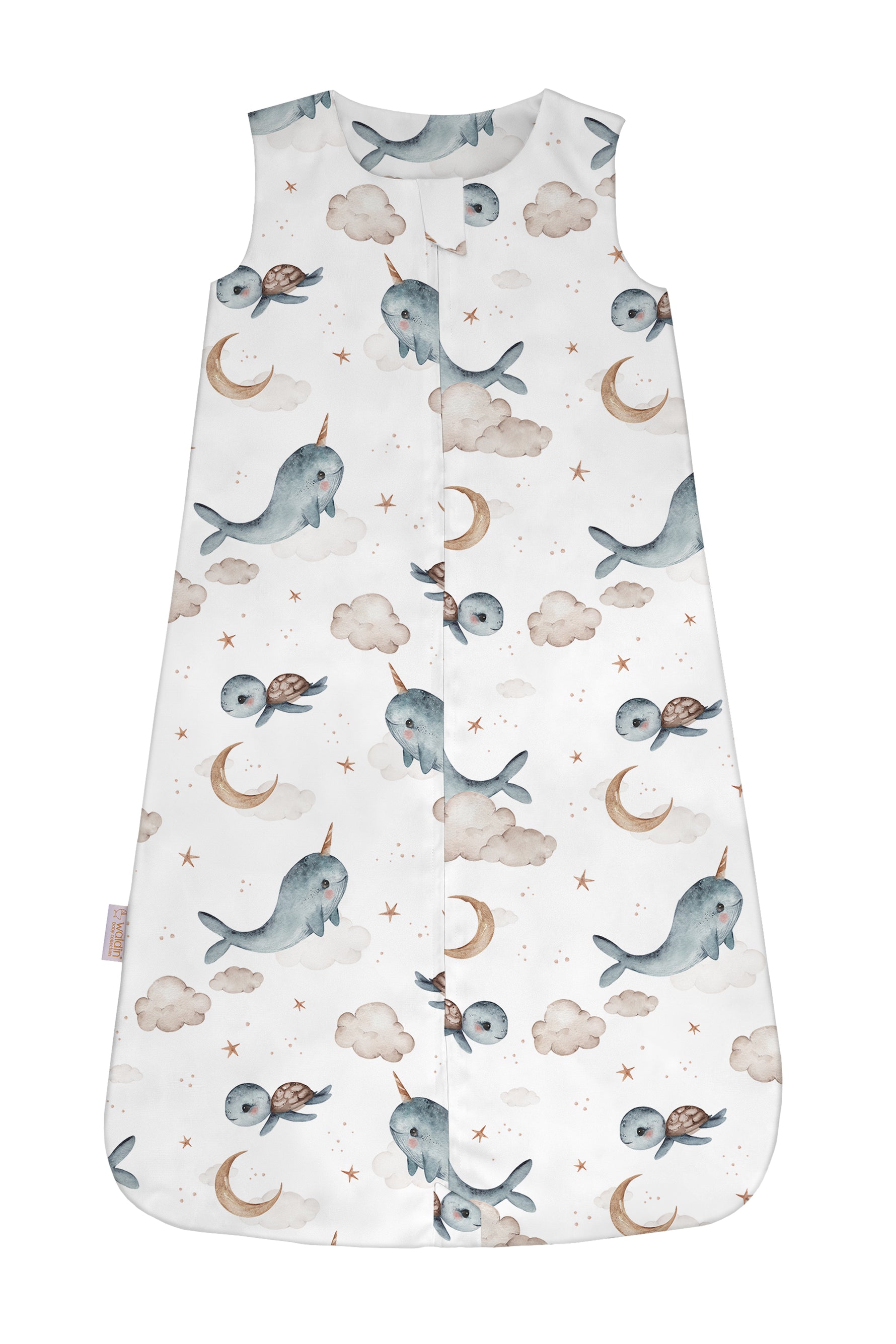 Sacco nanna estate 0.5 tog bianco con stampa narvali tartarughe e stelline, sacco sogno cotone leggero bambino