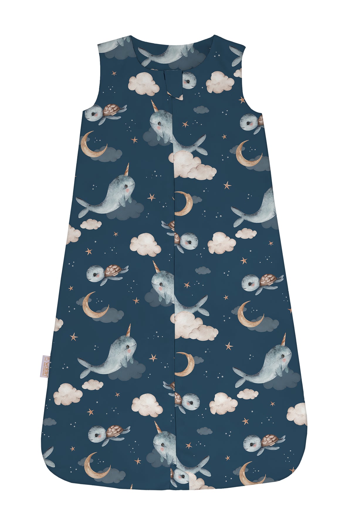 Sacco nanna estate 0.5 tog blu notte con stampa narvali tartarughe e stelline, sacco sogno cotone leggero bambino