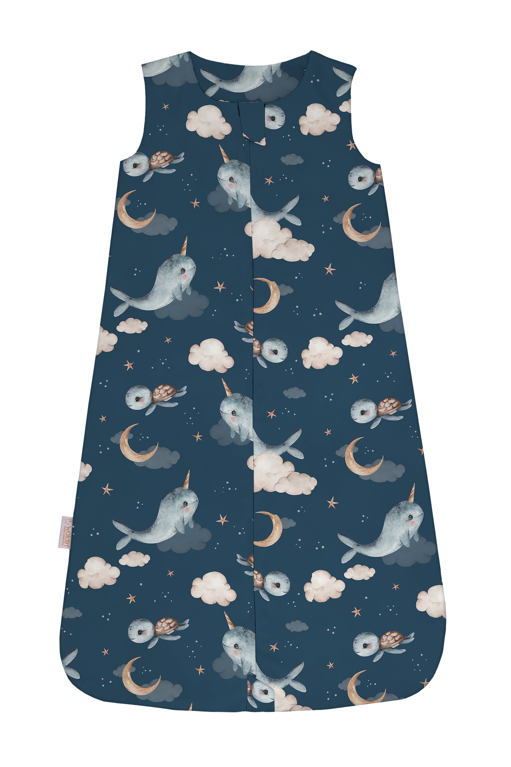Sacco nanna estate 0.5 tog blu notte con stampa narvali tartarughe e stelline, sacco sogno cotone leggero bambino