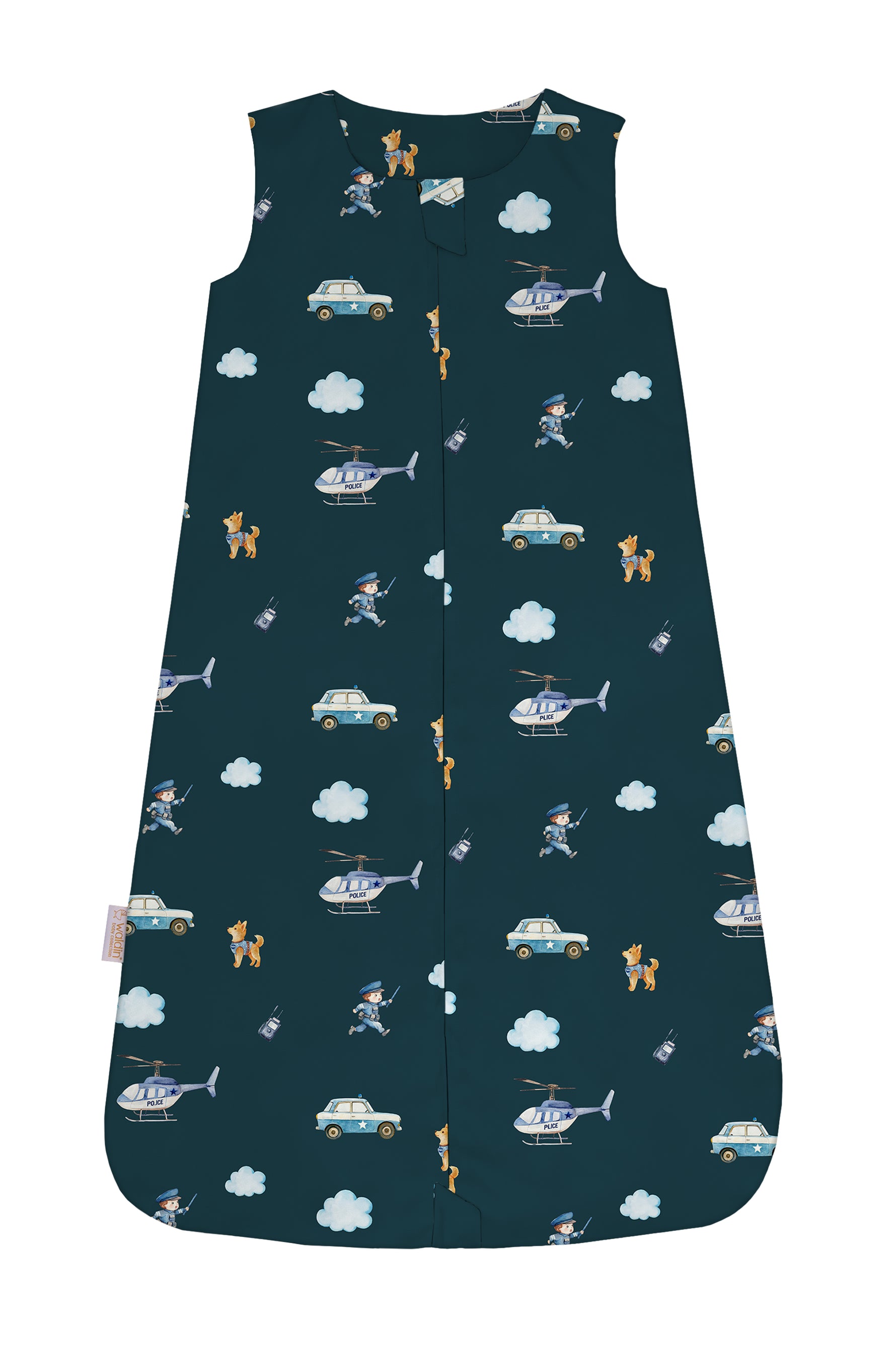 Sacco nanna estate 0.5 tog blu scuro con stampa poliziotti macchine e elicotteri, sacco sogno cotone leggero neonato maschio