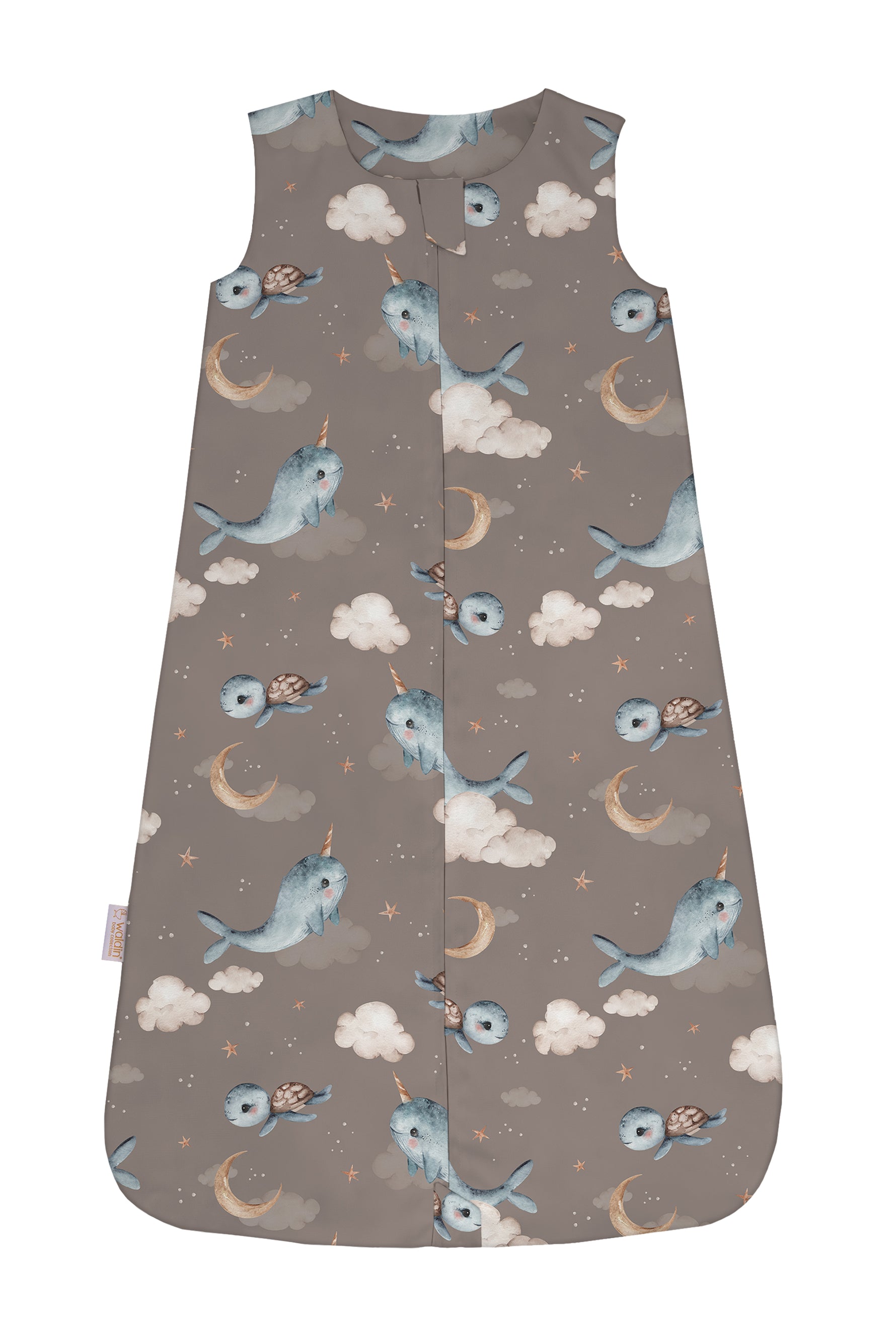 Sacco nanna estate 0.5 tog marrone con stampa narvali tartarughe e stelline, sacco sogno cotone leggero bambino