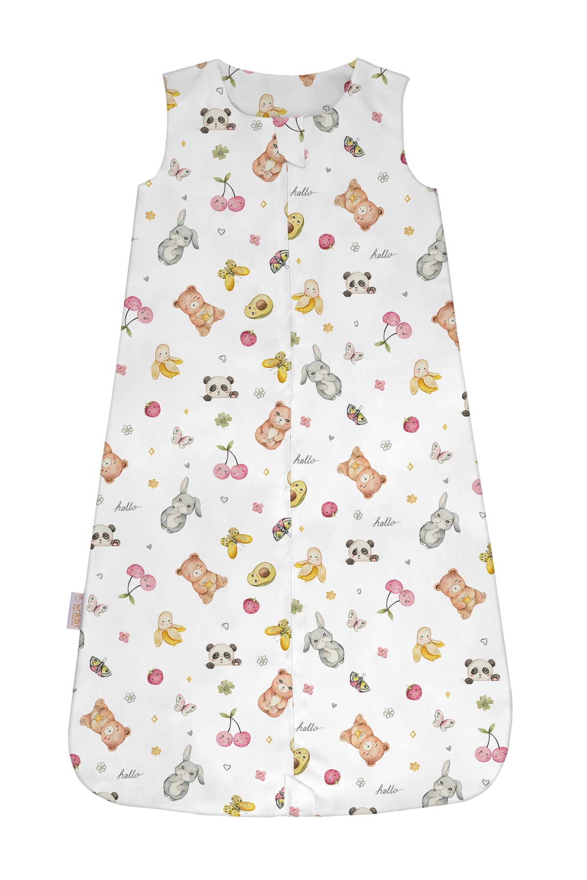 Sacco nanna estate bambino 0.5 tog bianco con stampa animaletti panda ciliegine e coniglio, sacco sogno cotone morbido