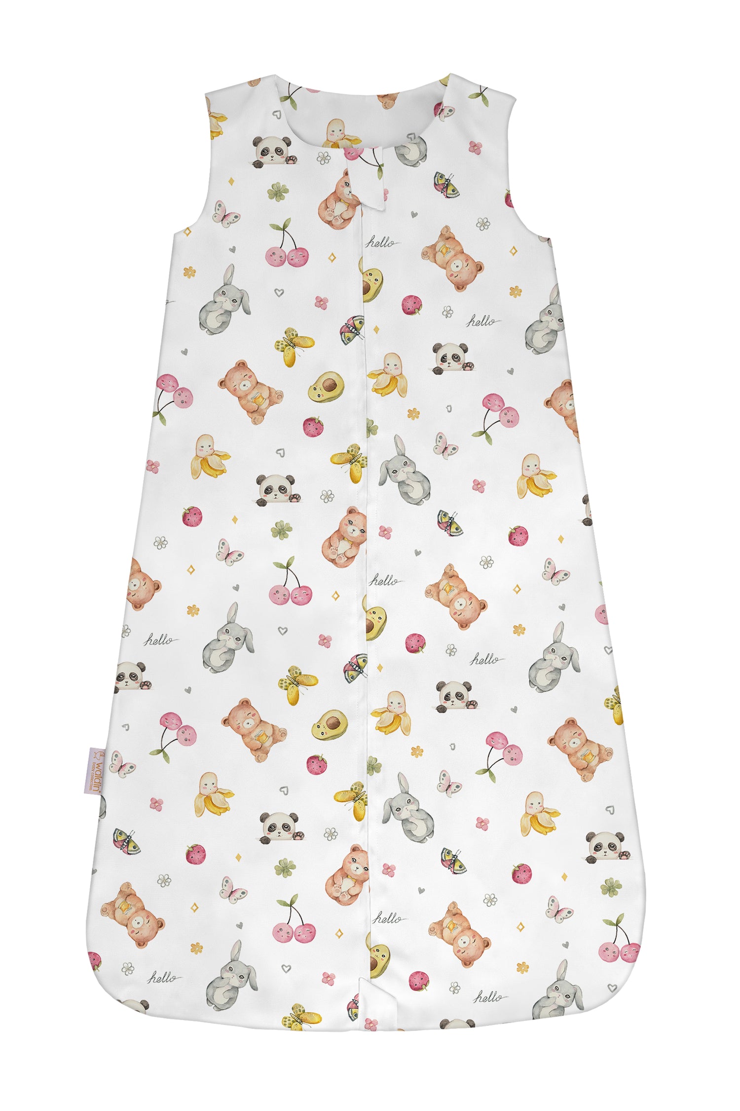 Sacco nanna estate bambino 0.5 tog bianco con stampa animaletti panda ciliegine e coniglio, sacco sogno cotone morbido