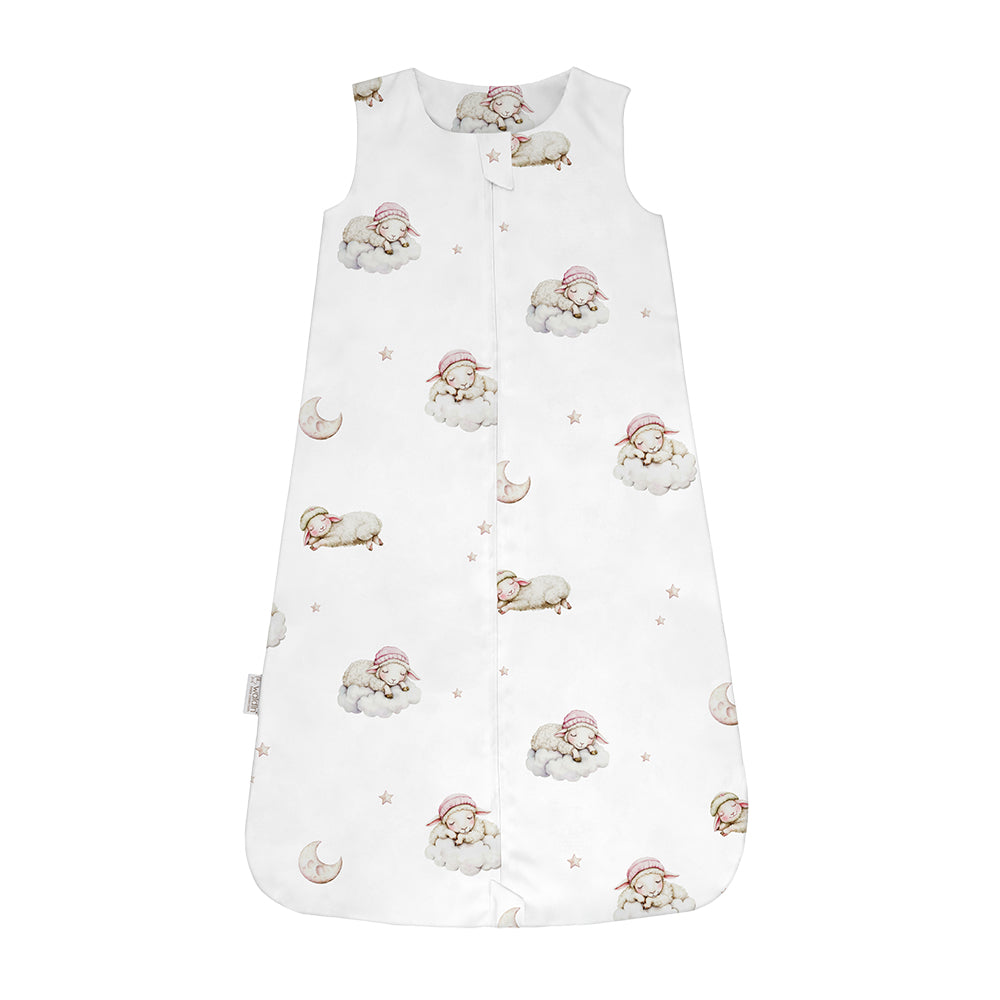 Sacco nanna estate 0.5 tog bianco con stampa pecorelle sulle nuvole luna e stelline, sacco sogno cotone leggero bambino