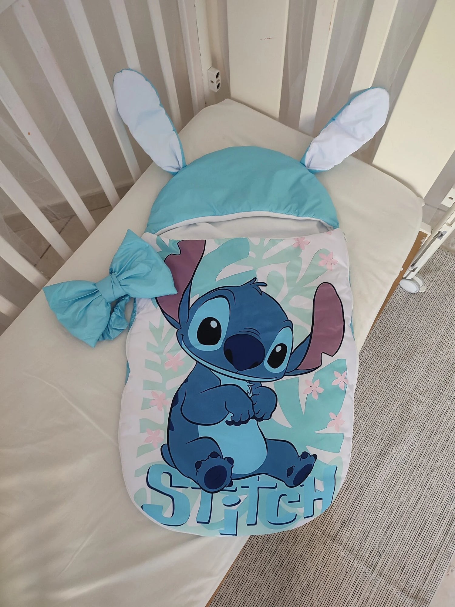 Sacco nanna neonato alieno azzurro antivento, cappuccio orecchie, compatibile passeggino ovetto lettino, fatto a mano