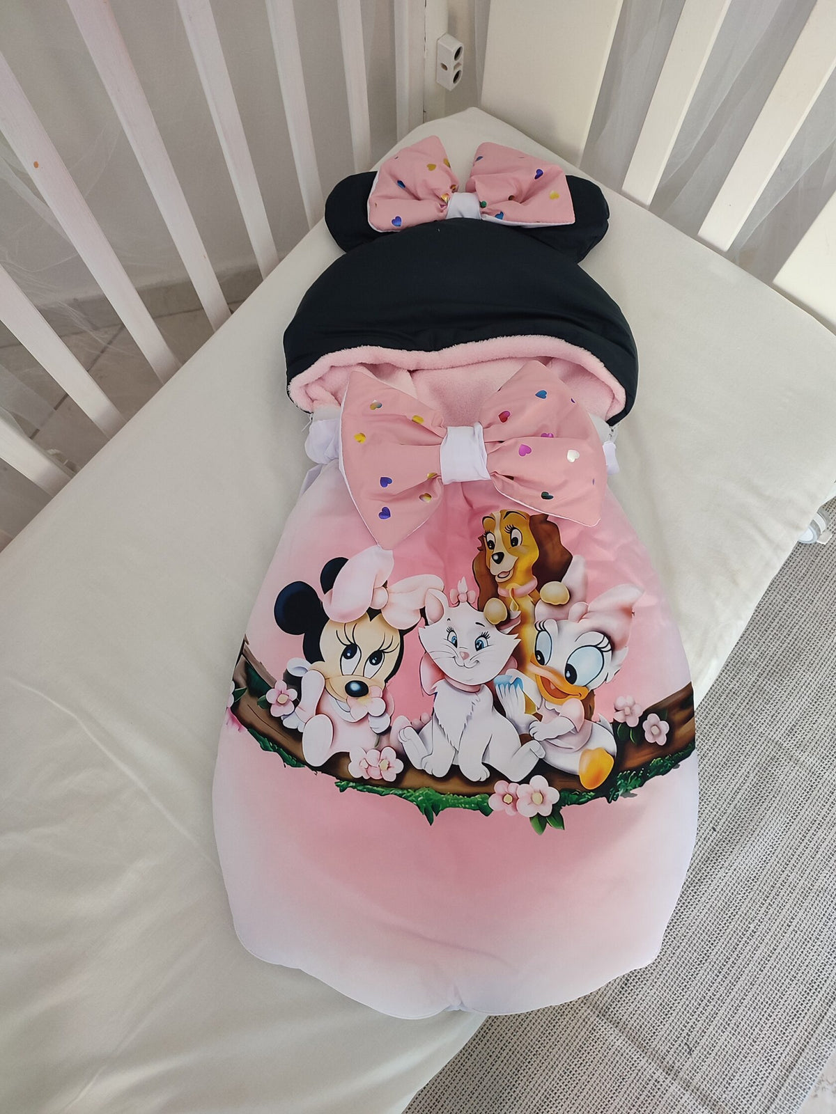 Sacco nanna neonata Minnie Disney rosa impermeabile antivento compatibile carrozzina ovetto con cappuccio e fiocchi 