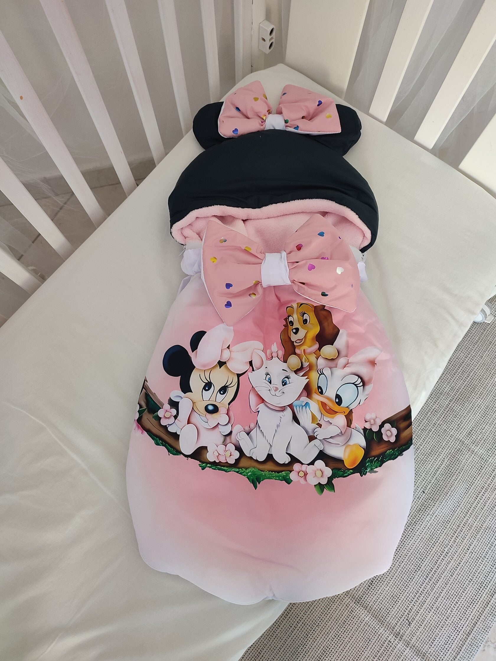 Sacco nanna neonata Minnie Disney rosa impermeabile antivento compatibile carrozzina ovetto con cappuccio e fiocchi 