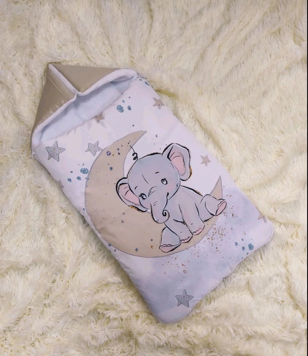 Sacco nanna neonato elefantino luna stelle beige impermeabile antivento, compatibile passeggino ovetto lettino, fatto a mano