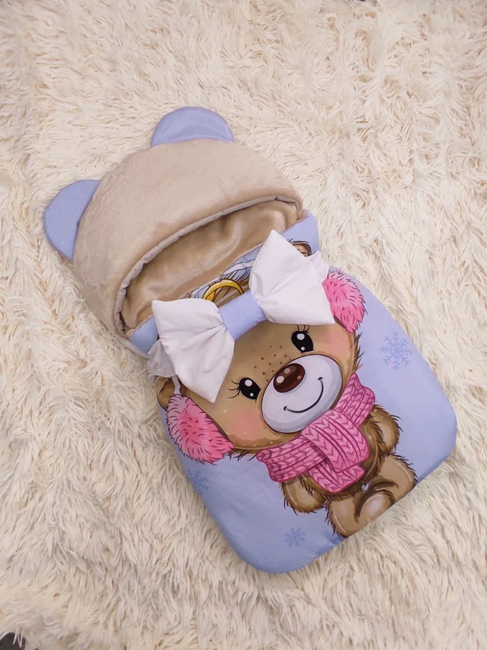Sacco nanna neonata orsetta invernale lilla rosa velluto impermeabile antivento passeggino ovetto cappuccio orecchie fatto a mano