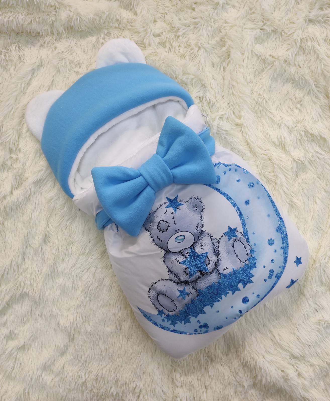 Sacco nanna neonato orsetto azzurro impermeabile antivento, compatibile passeggino ovetto lettino cappuccio orecchie fatto a mano