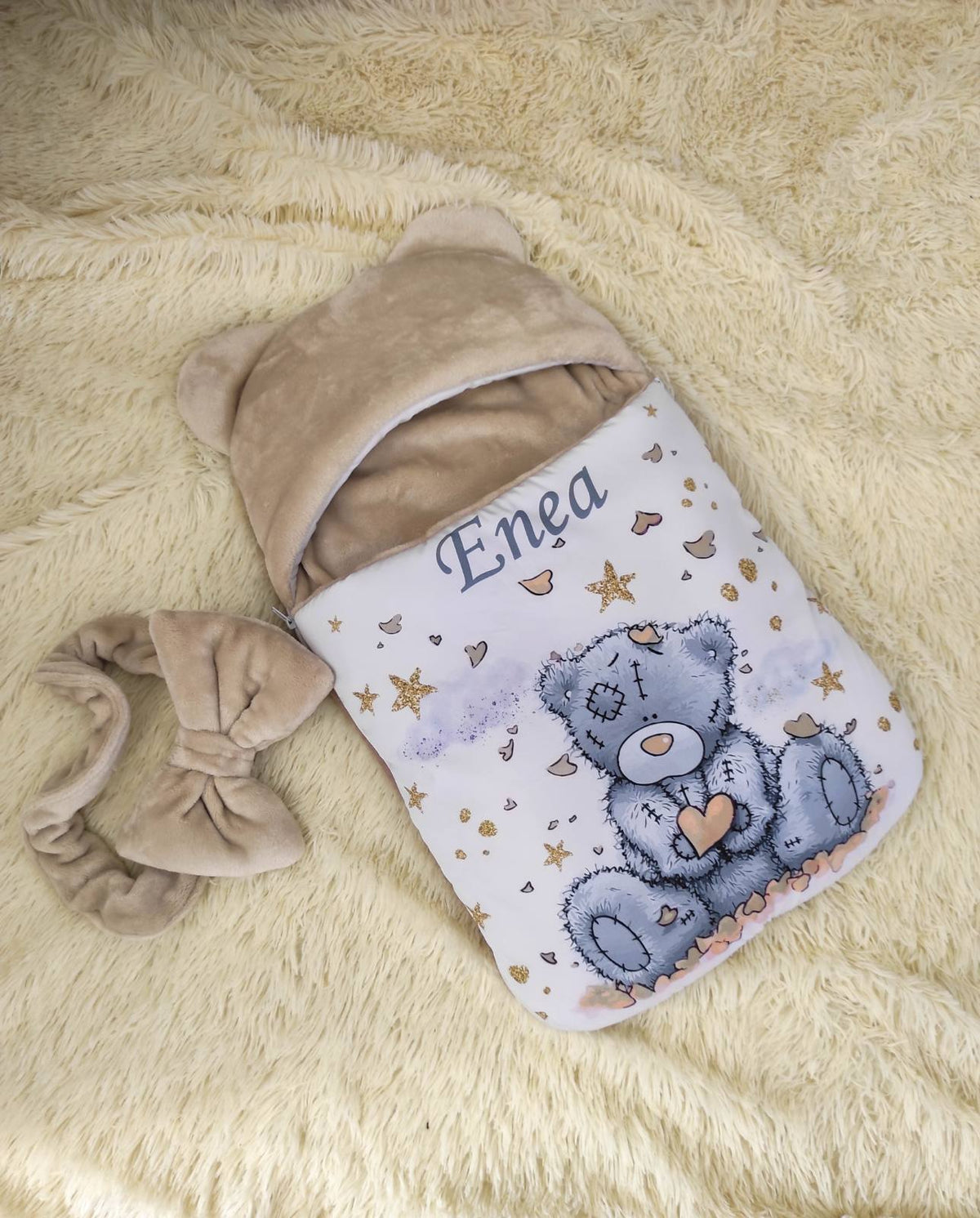 Sacco nanna neonato orsetto beige in velluto personalizzato con nome impermeabile antivento per passeggino ovetto lettino