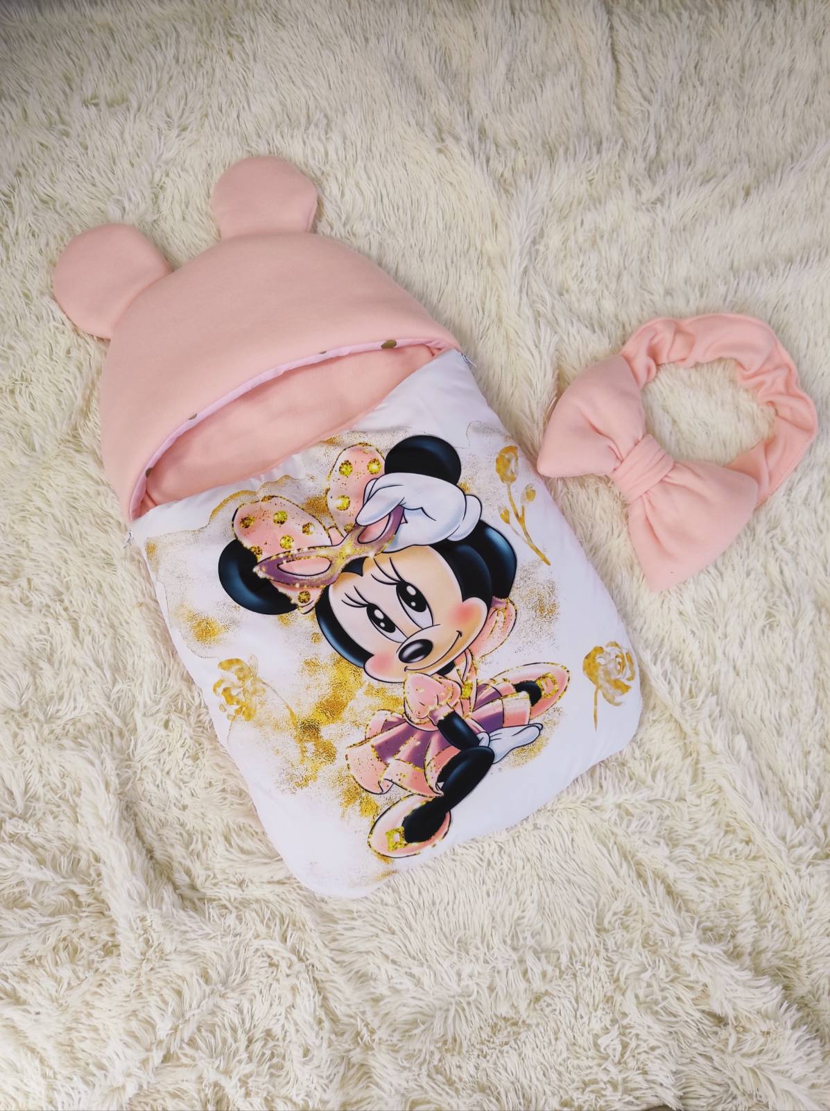 Sacco nanna neonata Minnie rosa gold impermeabile antivento carrozzina ovetto cappuccio orecchie fatto a mano