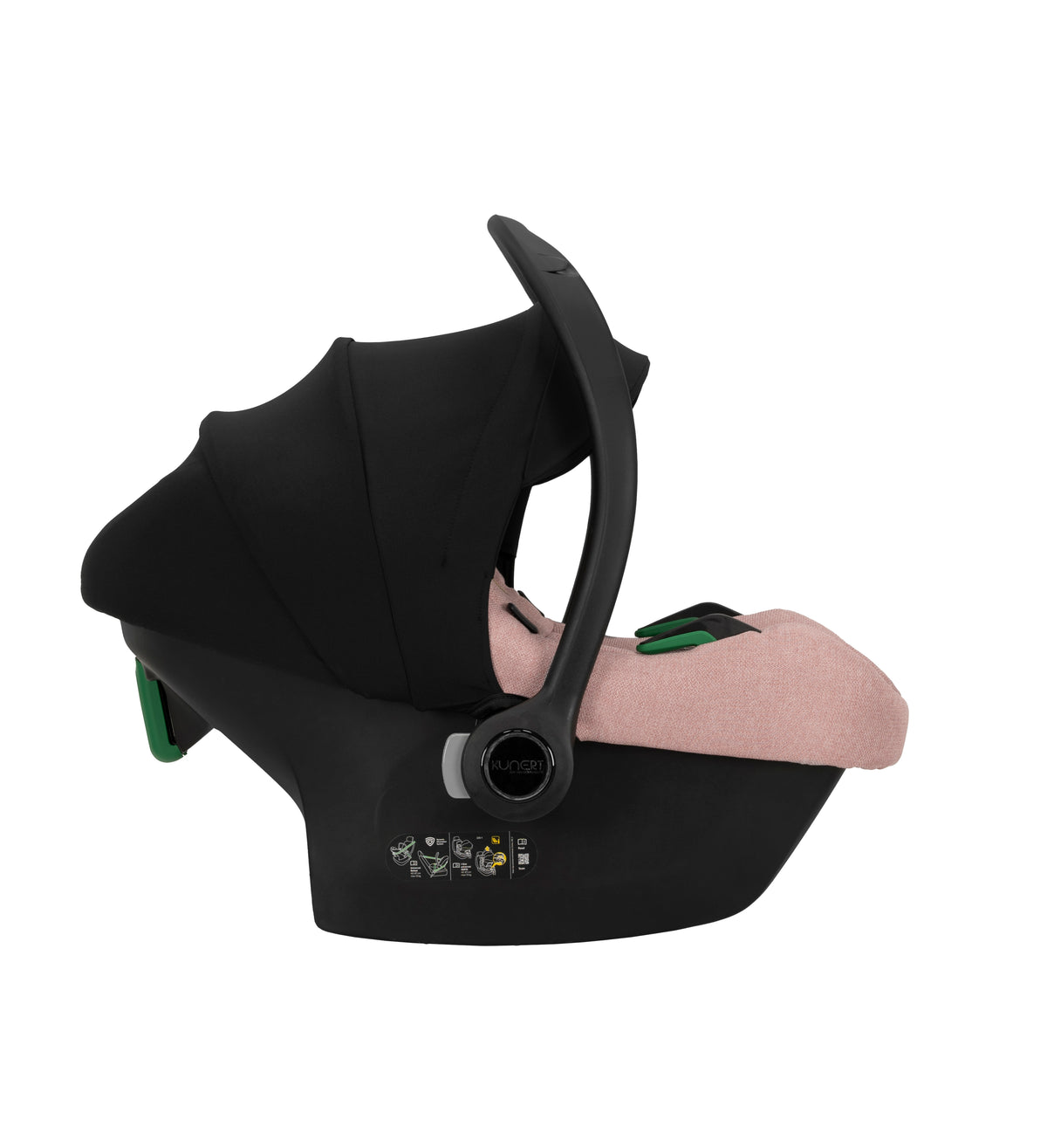 Vista laterale del seggiolino auto Kunert Cosmo con capottina parasole nera estesa, maniglione e scocca protettiva rosa.
