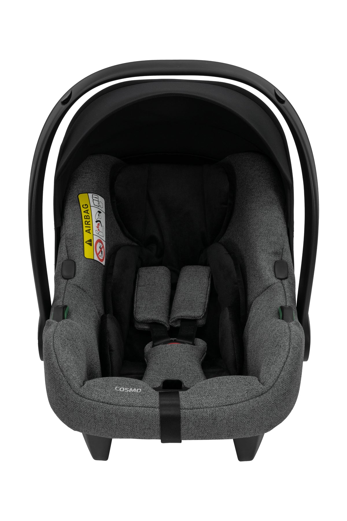 Seggiolino auto ovetto Cosmo per neonati in tessuto grigio scuro e nero con riduttore e cinture