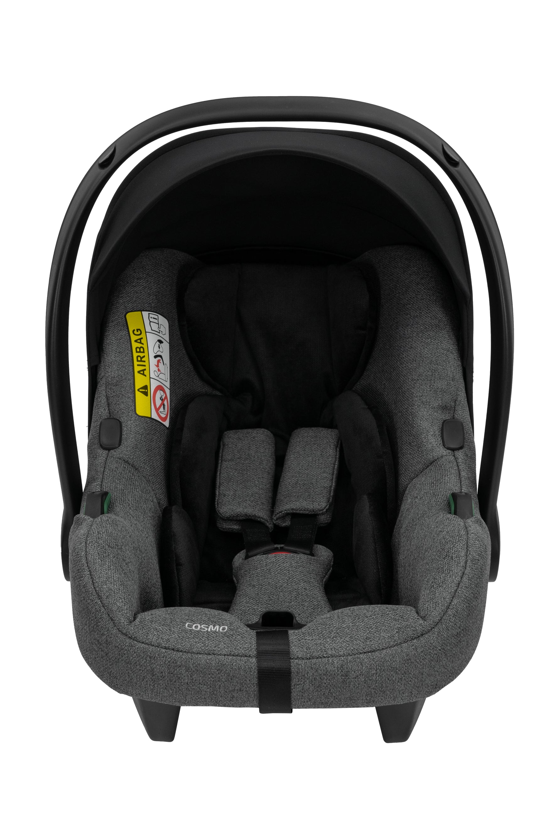 Seggiolino auto ovetto Cosmo per neonati in tessuto grigio scuro e nero con riduttore e cinture