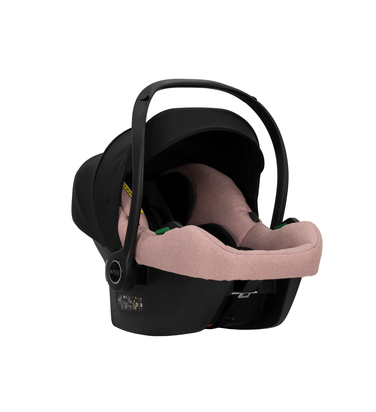 Seggiolino auto ovetto Kunert Cosmo nero e rosa per neonati, con capottina parasole e maniglione di trasporto regolabile.