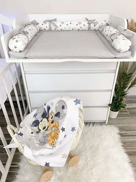 Set completo fasciatoio neonato materassino rulli paracolpi stelle grigio e copertina Mickey Mouse Pluto impermeabile fatto a mano su misura
