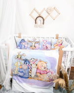Set lettino neonato completo con Winnie the Pooh, Ih-Oh, Tigro, Pimpi, Tappo, paracolpi a treccia e cuscini culla