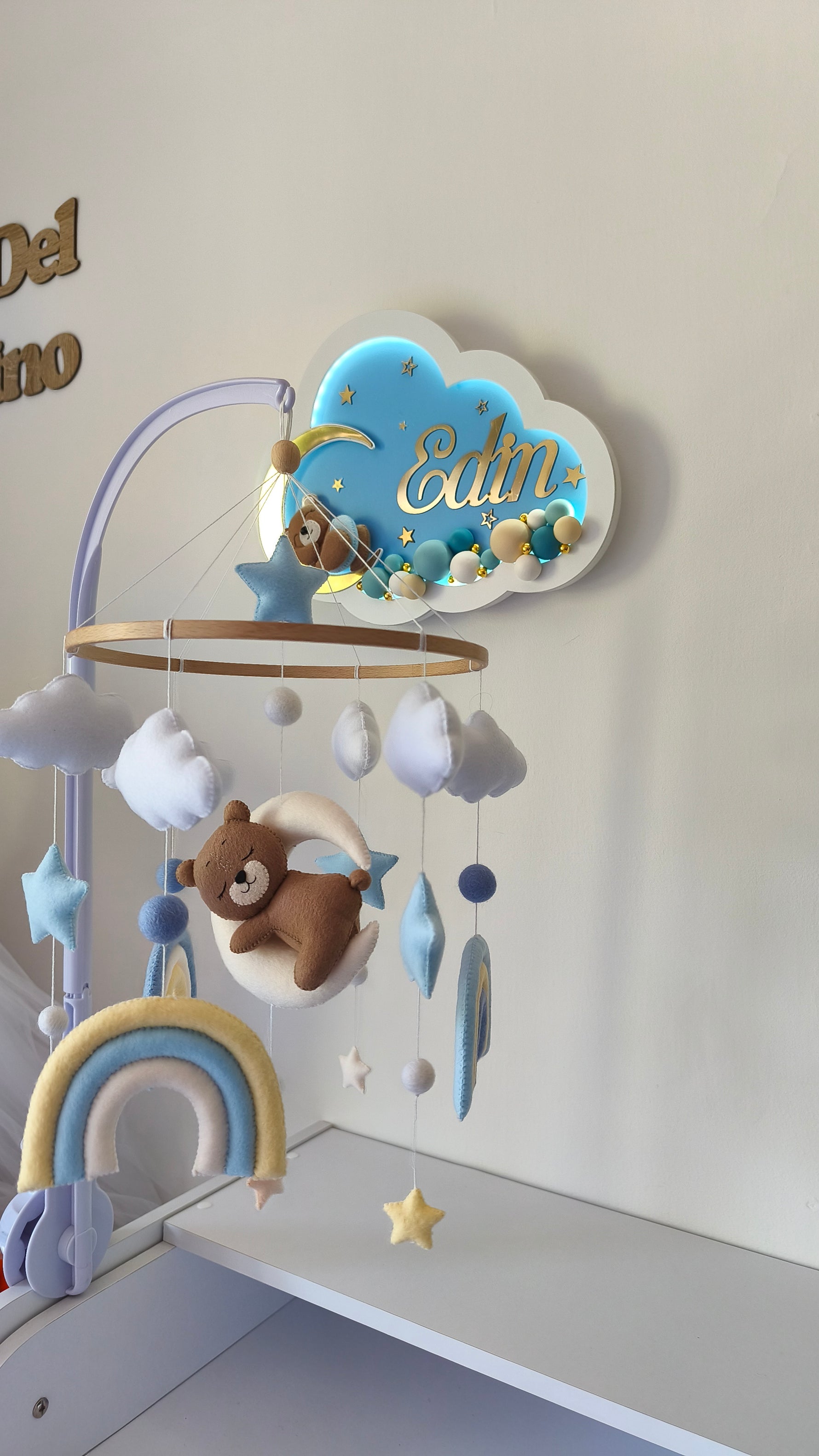 Set cameretta bimbo con giostrina culla orsetto sulla luna e luce notturna nuvola azzurra personalizzata