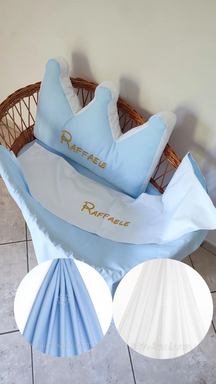 Set culla vimini neonato cotone azzurro cielo e bianco – cuscino corona con nome ricamato dorato personalizzato
