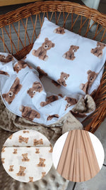 Set culla vimini neonato – coperta e federa cotone bianco orsetti marroni, retro minky beige tortora