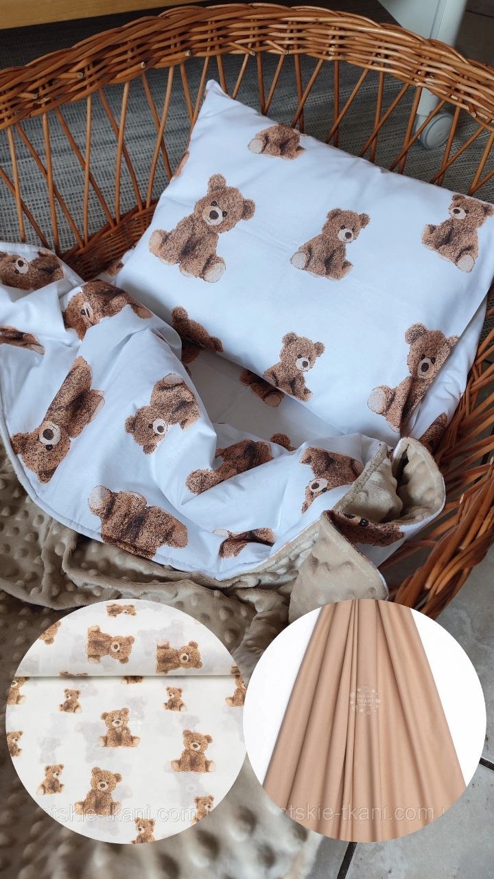 Set culla vimini neonato – coperta e federa cotone bianco orsetti marroni, retro minky beige tortora