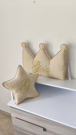 Set cuscino corona e stellina beige personalizzato nome ricamato oro per lettino e cameretta neonato