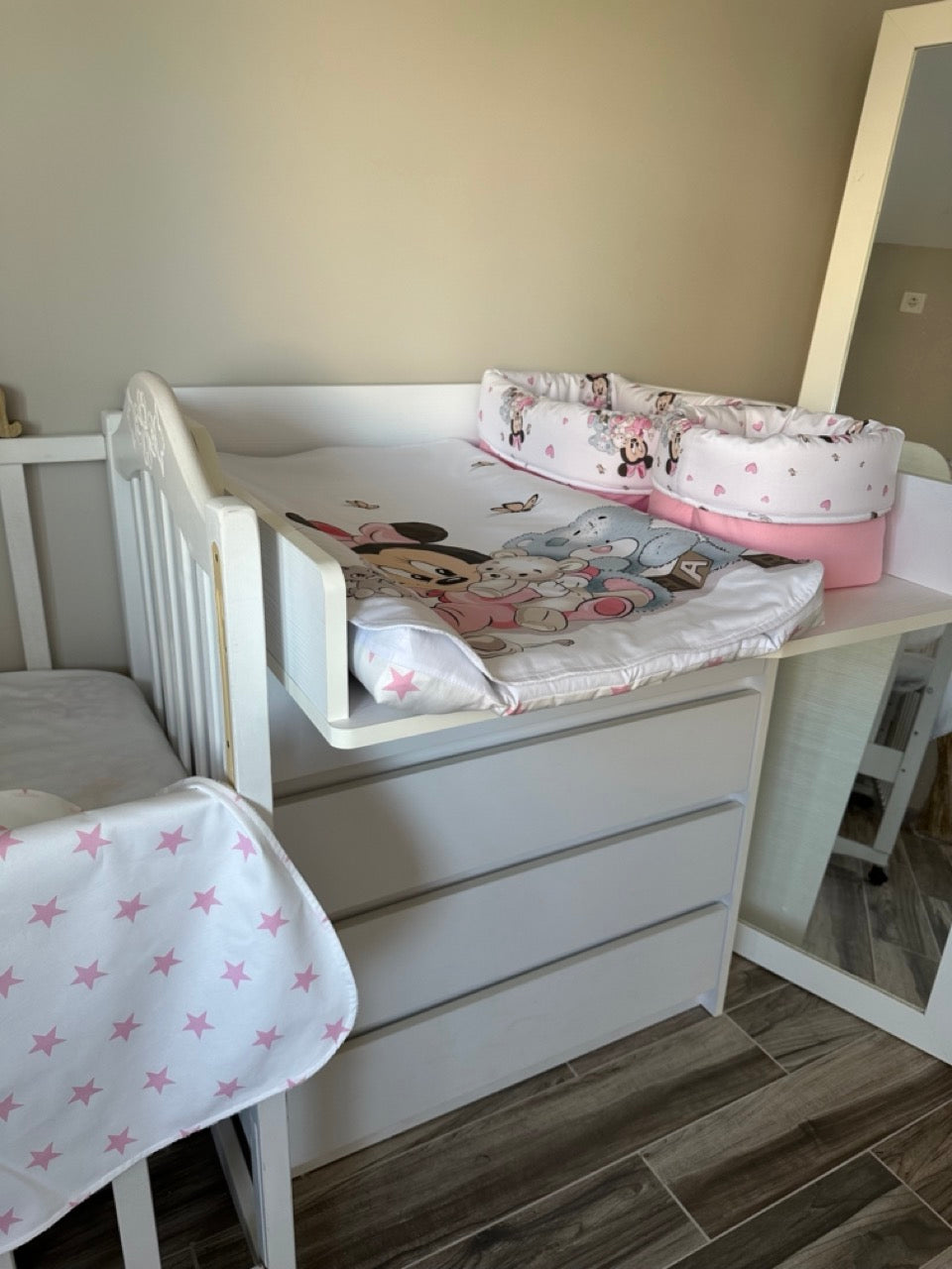 Set fasciatoio neonata Minnie Mouse rosa bianco bordi medi cestino coordinato double face impermeabile fatto a mano