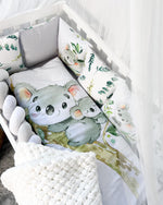 Set paracolpi cuscini lettino neonato grigio bianco, koala mamma cucciolo e eucalipto acquerello, treccia, coperta bianca