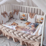 Paracolpi culla treccia beige, cuscini sfoderabili con fiocco tema volpe e coniglietto, cotone naturale