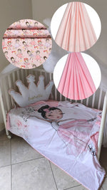 Set lettino neonata in cotone fantasia ballerina rosa – coperta stampata, cuscino corona e baldacchino tulle personalizzato con nome