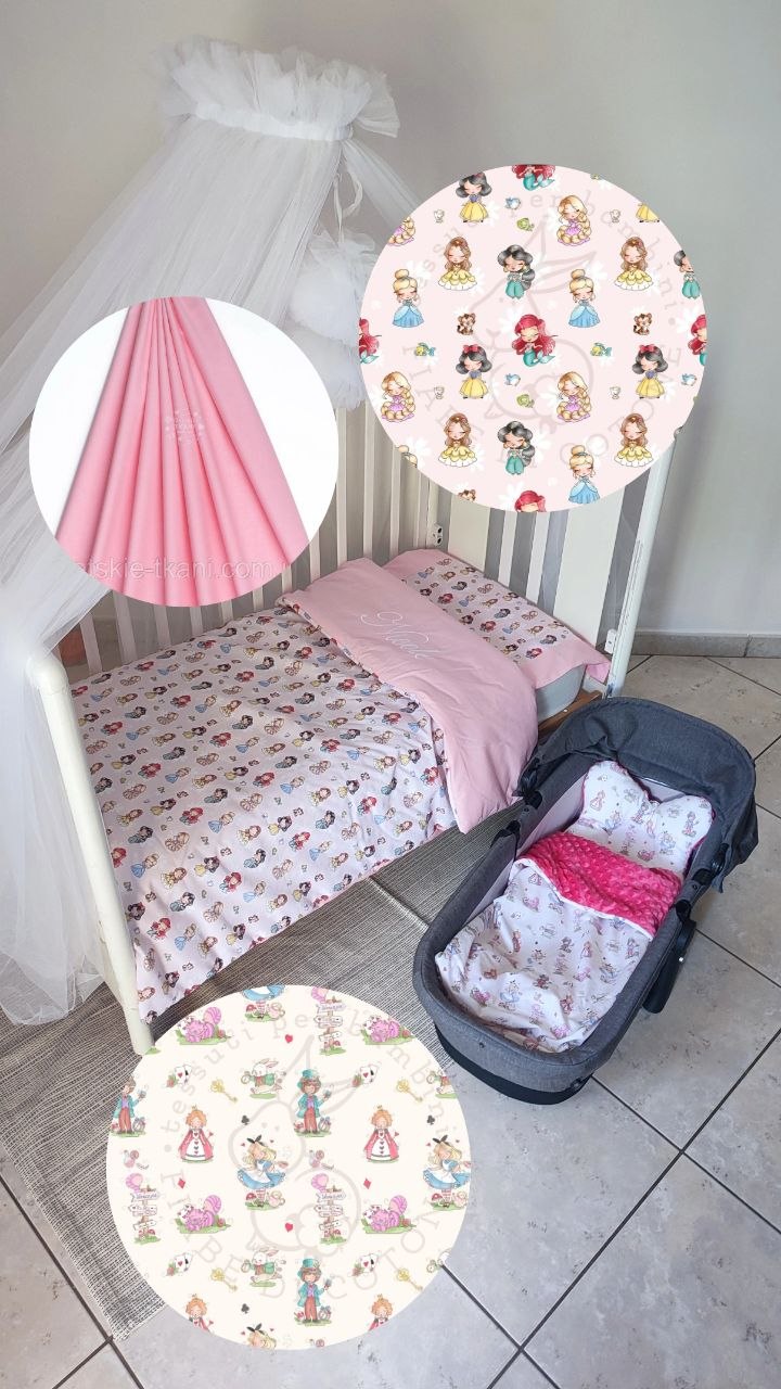 Set lettino neonata cotone rosa – fantasia principesse Disney, federa rosa cipria, baldacchino tulle bianco
