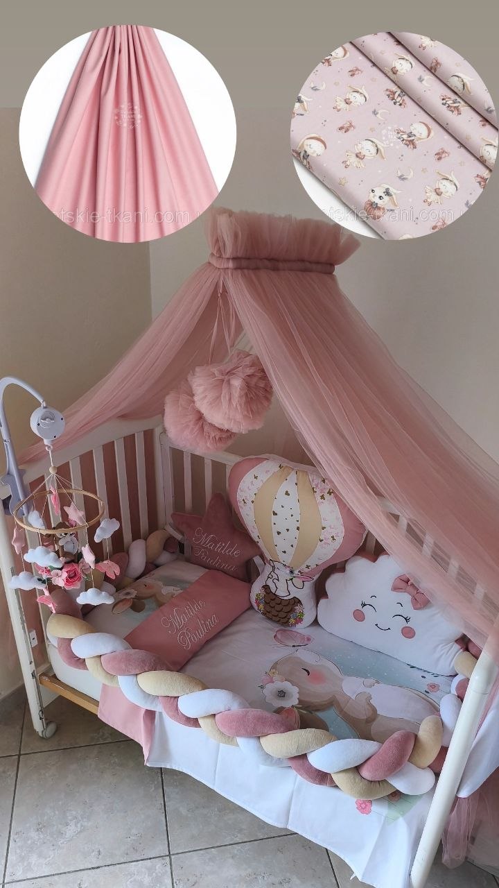 Set lettino neonata rosa antico – coperta coniglietta, treccia rosa bianco beige, cuscini mongolfiera nuvola personalizzati