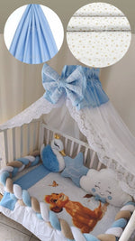 Set lettino neonato azzurro cielo – treccia beige blu, coperta Re Leone, cuscino nuvola e baldacchino tulle pizzo