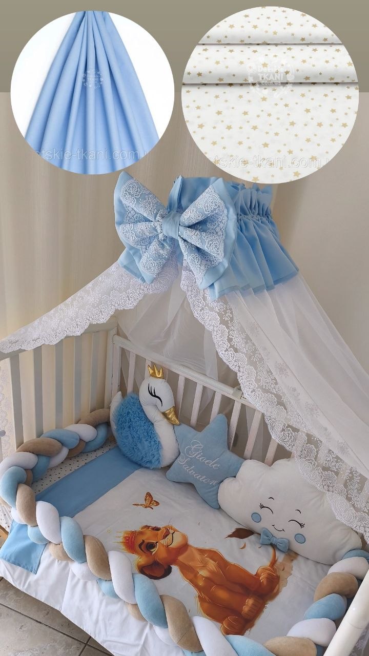Set lettino neonato azzurro cielo – treccia beige blu, coperta Re Leone, cuscino nuvola e baldacchino tulle pizzo