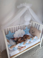 Set lettino neonato azzurro bianco – coperta orsetto stampata, treccia azzurro bianco, cuscini stella nuvola e orsetto sagomato